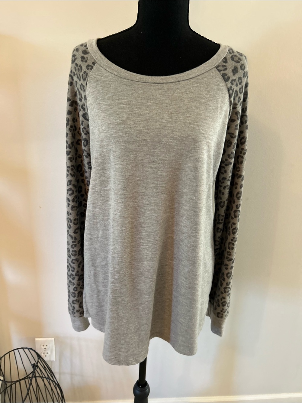 ADORA Gray Long Sleeve Tee with Leopard Print Raglan Sleeves